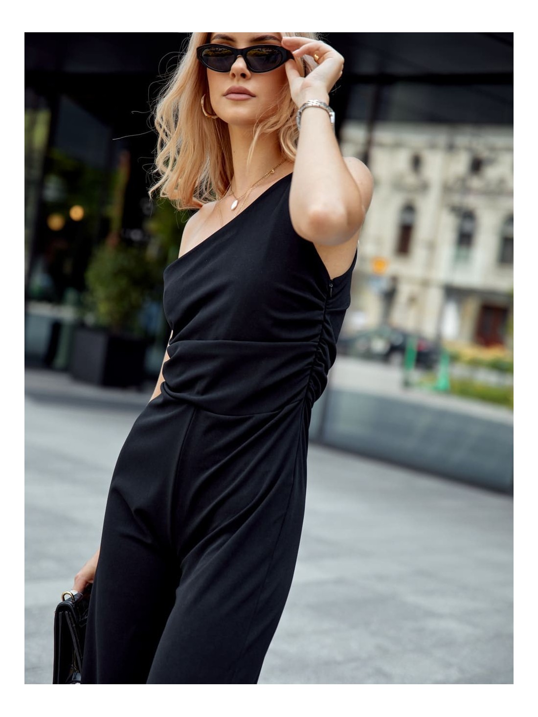 Elegant one-shoulder jumpsuit with wide legs, black 23560 - Online store - Boutique